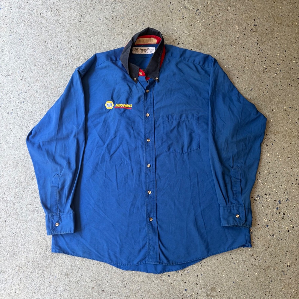 Vintage Cintas NAPA Auto Parts Scully Motorsports Racing Work Shirt Blue XL-RG